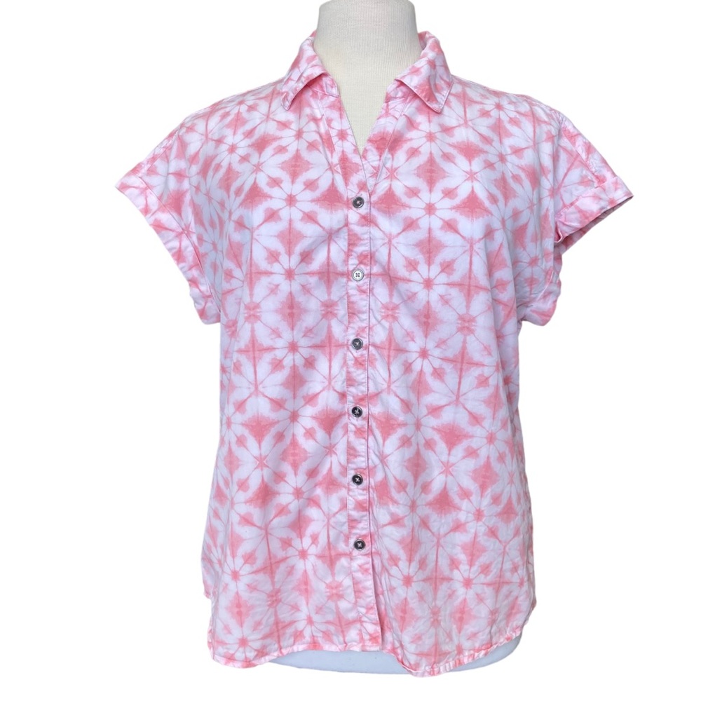 Style & Co Women's pink and white tie dye button up short sleeve blouse, Sz XL